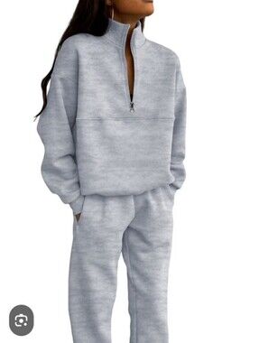 Boutique Gray Fleece Lined Half Zip Lounge Set Joggers Cozy Sweatsuit